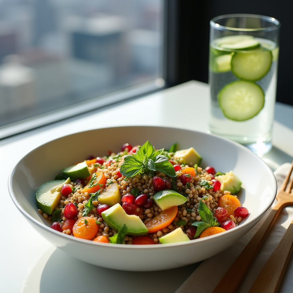 Table avec repas coloré et équilibré, illustrant une alimentation consciente et variée