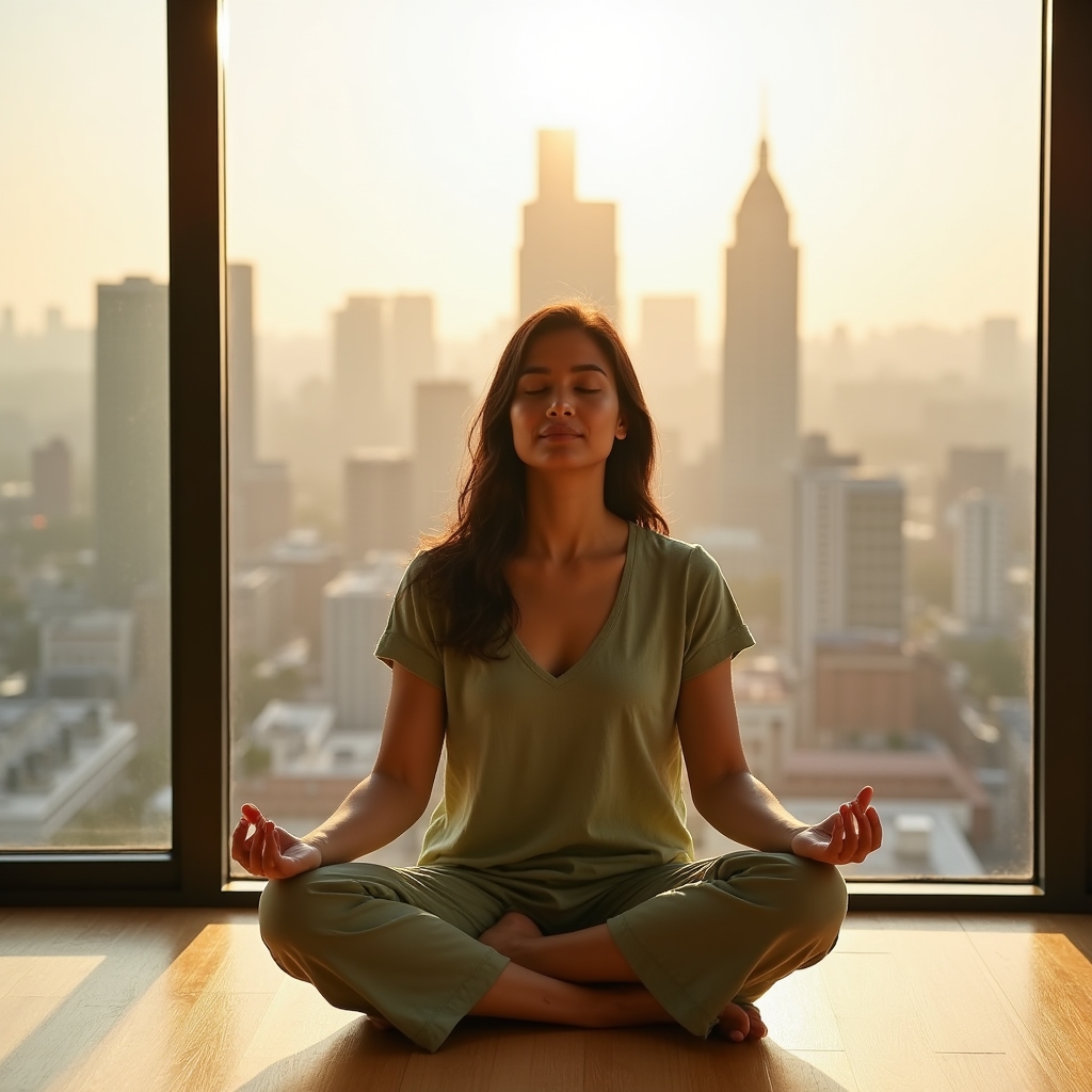 Femme pratiquant la méditation au lever du soleil, illustrant le bien-être quotidien