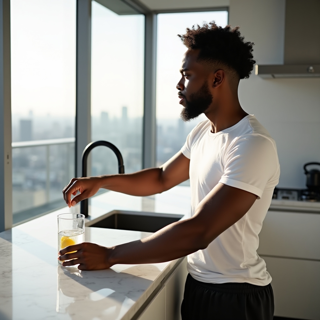 Jeune professionnel énergique au lever, préparant sa journée avec vitalité dans un appartement lumineux