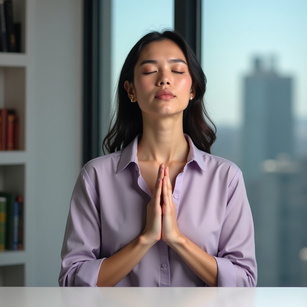 Personne pratiquant la respiration consciente dans un espace zen minimaliste pour gérer le stress