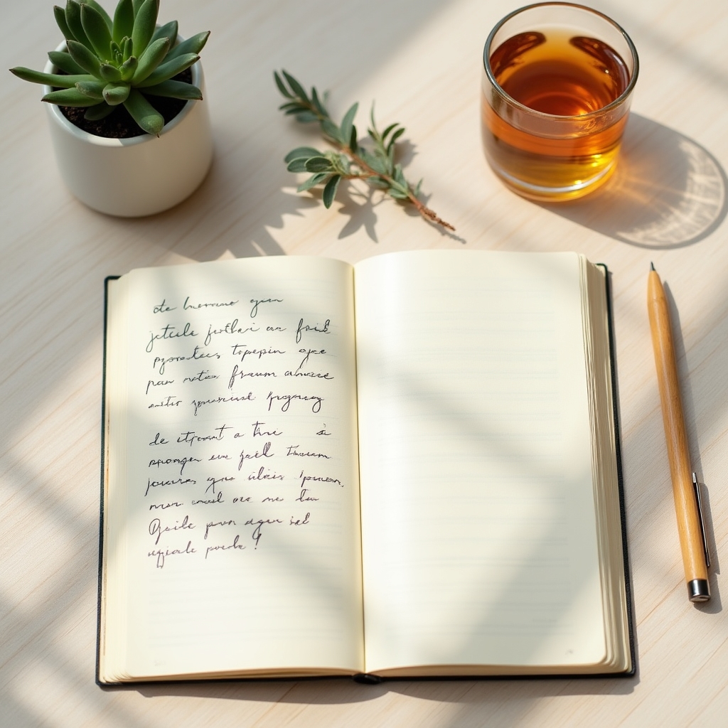 Carnet de routines bien-être ouvert sur une table avec plantes et lumière naturelle douce